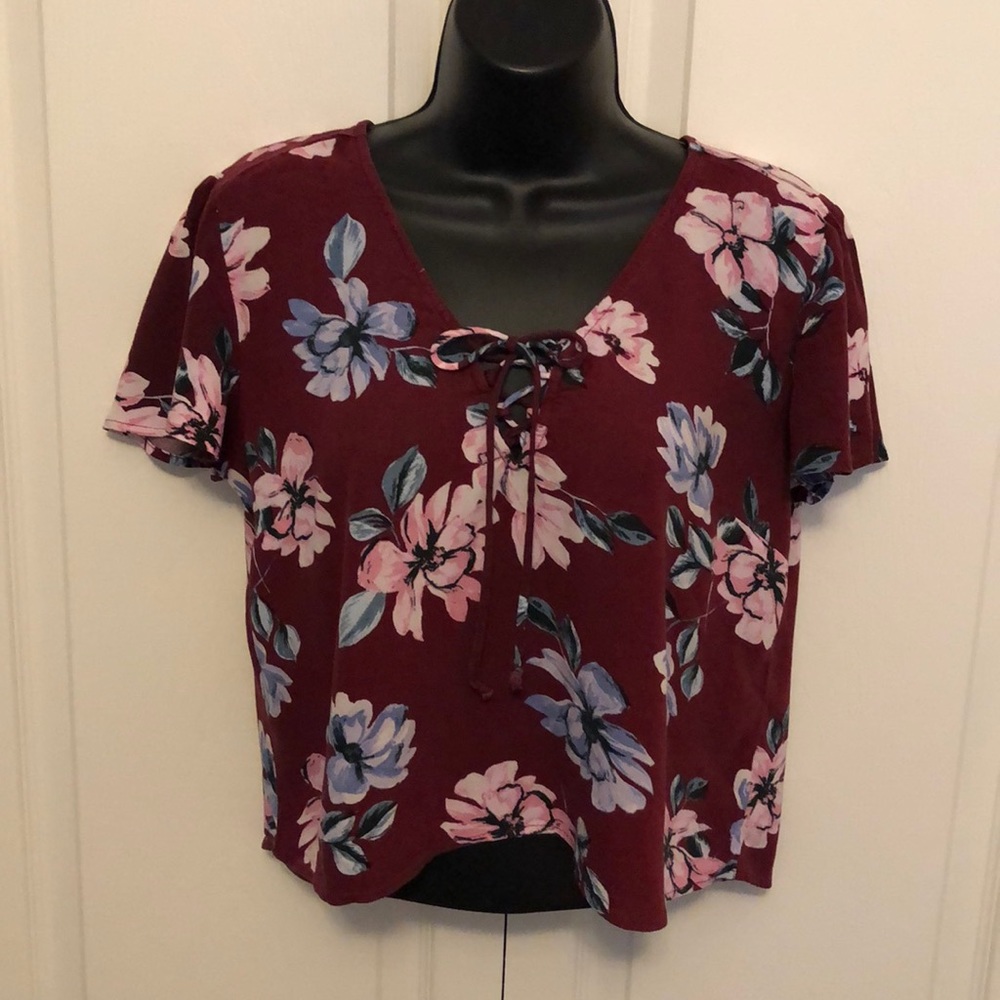 Kendall & Kylie Burgundy Floral Crop Top